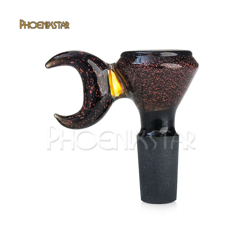 A black glass bong bowl with a luna moon design and red speckles, featuring the Phoenix Star brand logo.