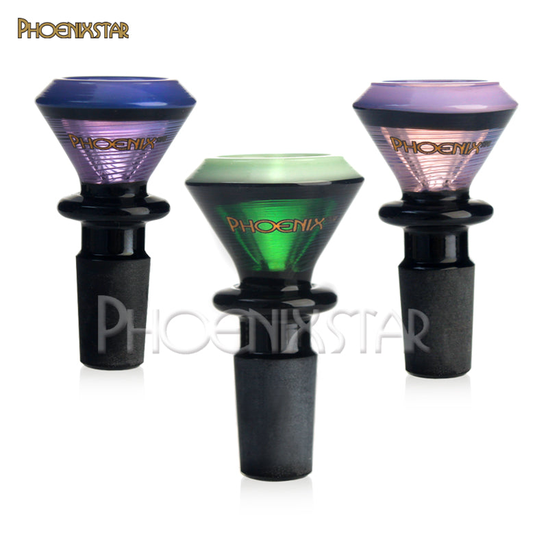 A set of three Phoenix Star slide bowls for bongs, available in blue, green, and purple colors, with black stems.